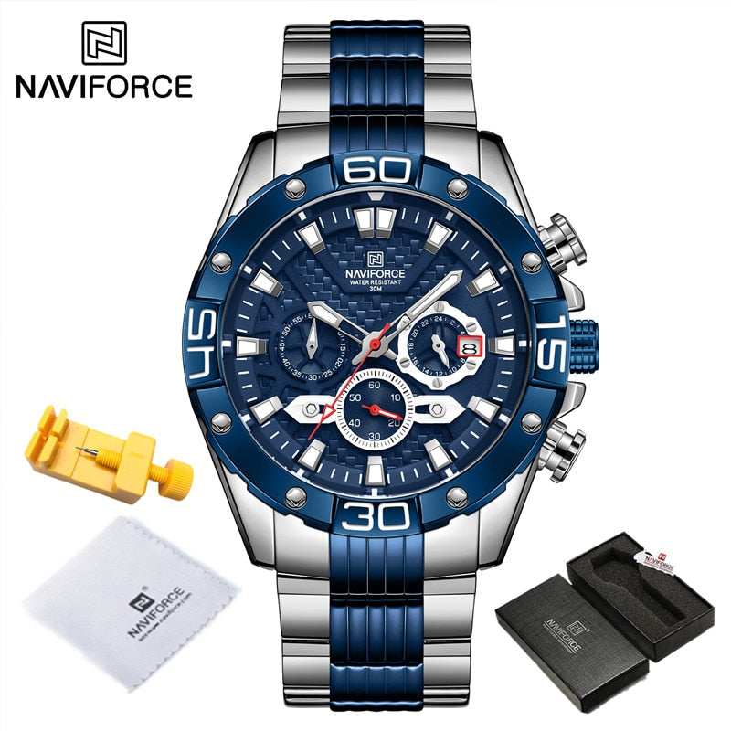 NAVIFORCE - Reloj de cuarzo clásico Cronógrafo analógico Deporte Acero Resistente al agua