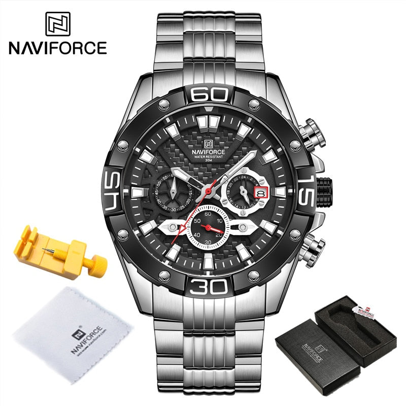 NAVIFORCE - Reloj de cuarzo clásico Cronógrafo analógico Deporte Acero Resistente al agua