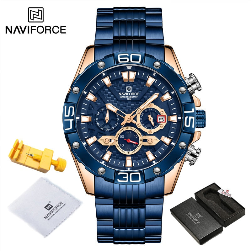 NAVIFORCE - Reloj de cuarzo clásico Cronógrafo analógico Deporte Acero Resistente al agua