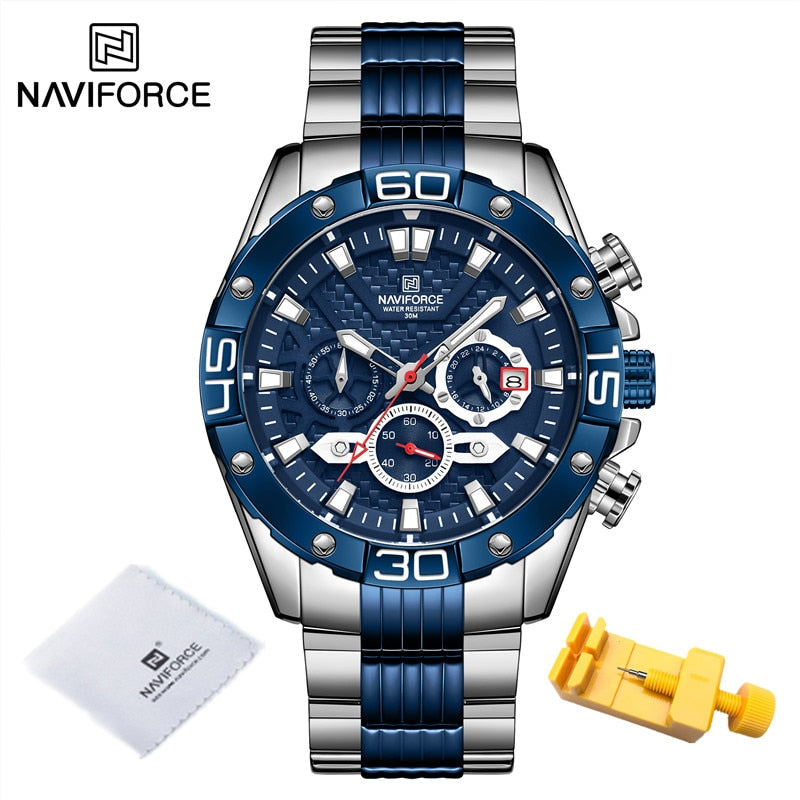 NAVIFORCE - Reloj de cuarzo clásico Cronógrafo analógico Deporte Acero Resistente al agua