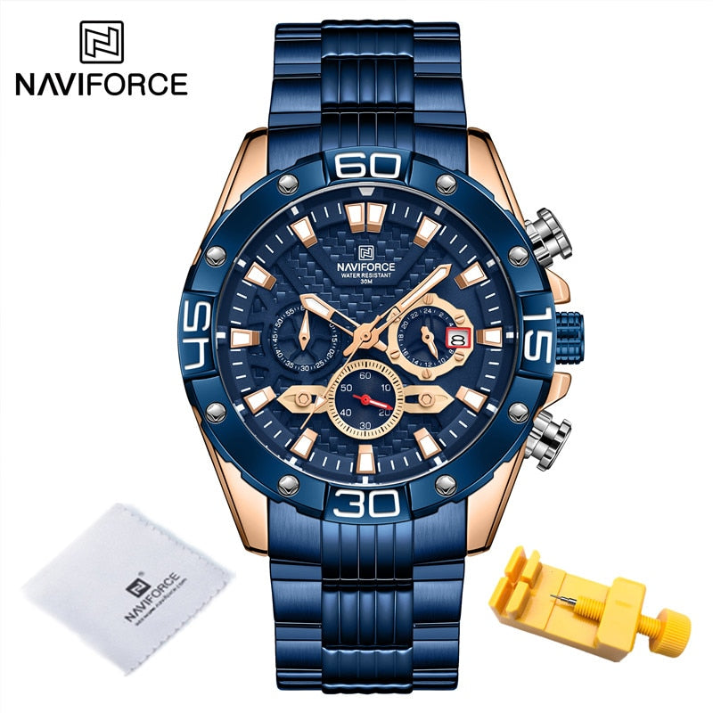 NAVIFORCE - Reloj de cuarzo clásico Cronógrafo analógico Deporte Acero Resistente al agua