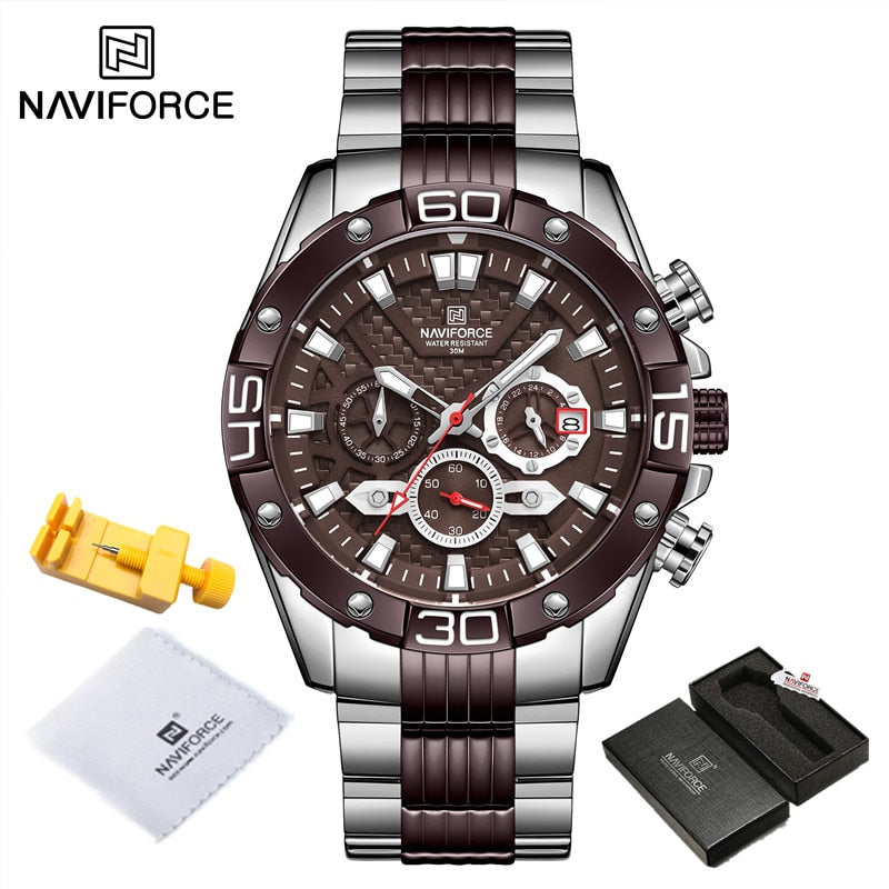 NAVIFORCE - Reloj de cuarzo clásico Cronógrafo analógico Deporte Acero Resistente al agua