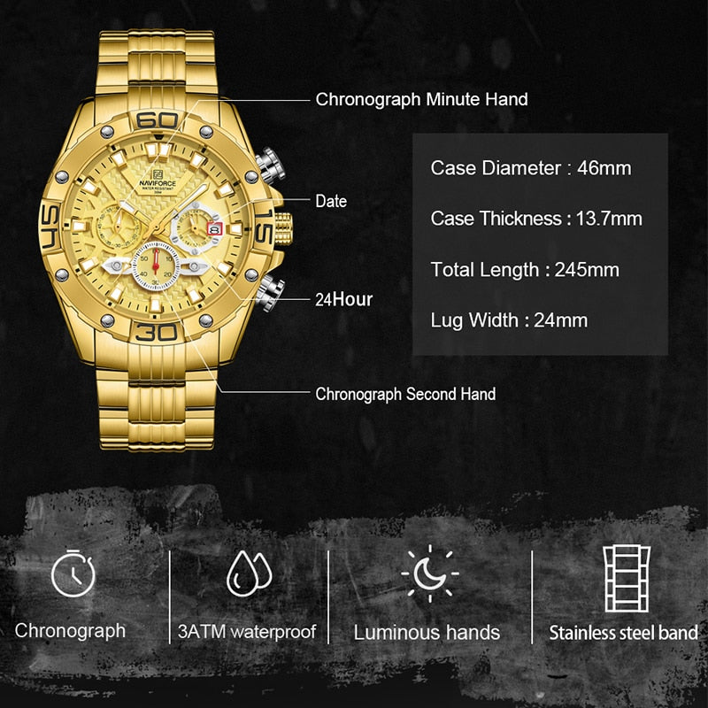 NAVIFORCE - Reloj de cuarzo clásico Cronógrafo analógico Deporte Acero Resistente al agua